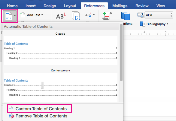 How do i make a table of contents in word for machine